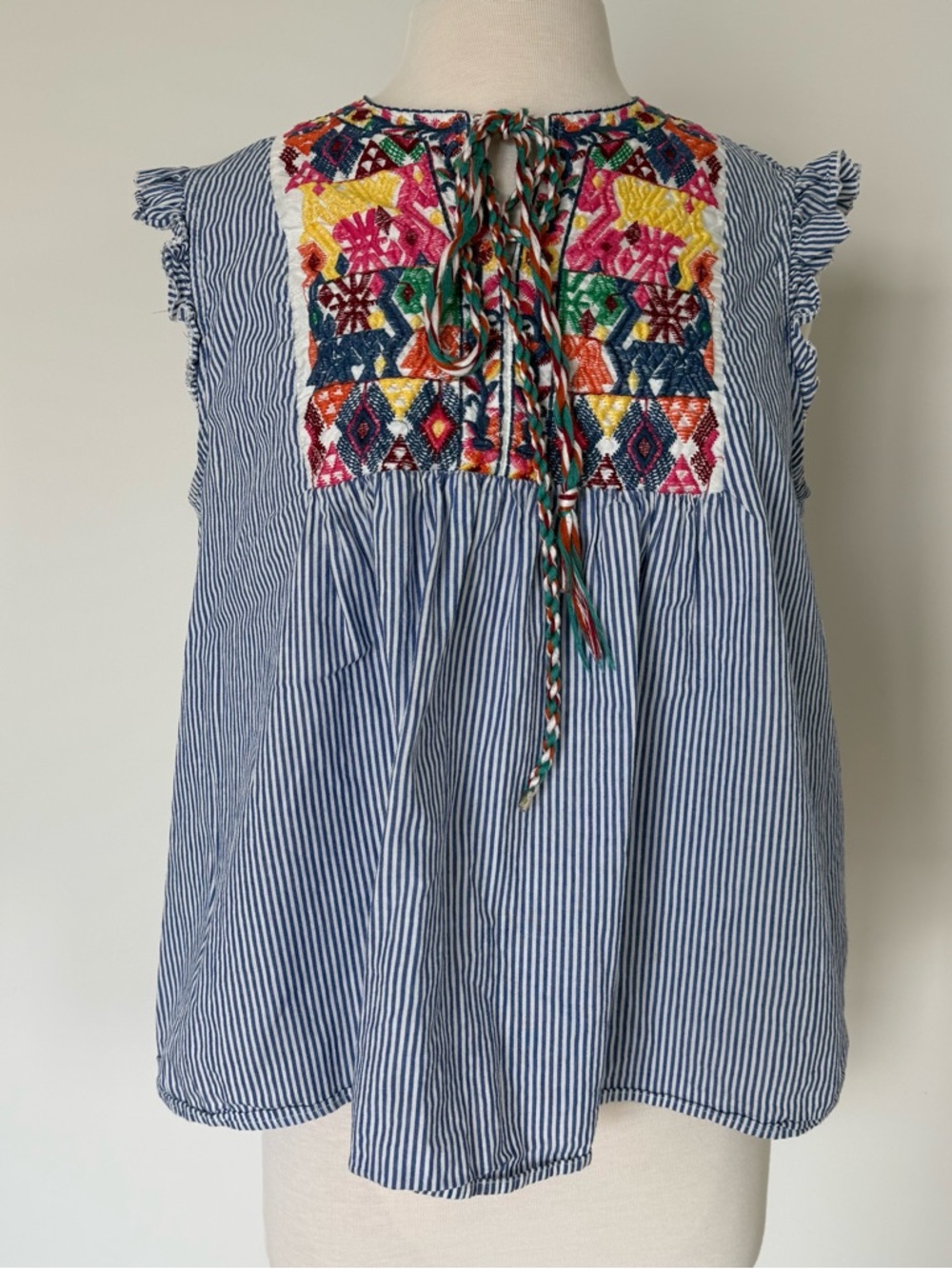 Hand-Embroidered Blue Striped Sleeveless Top // Size XL - runs small